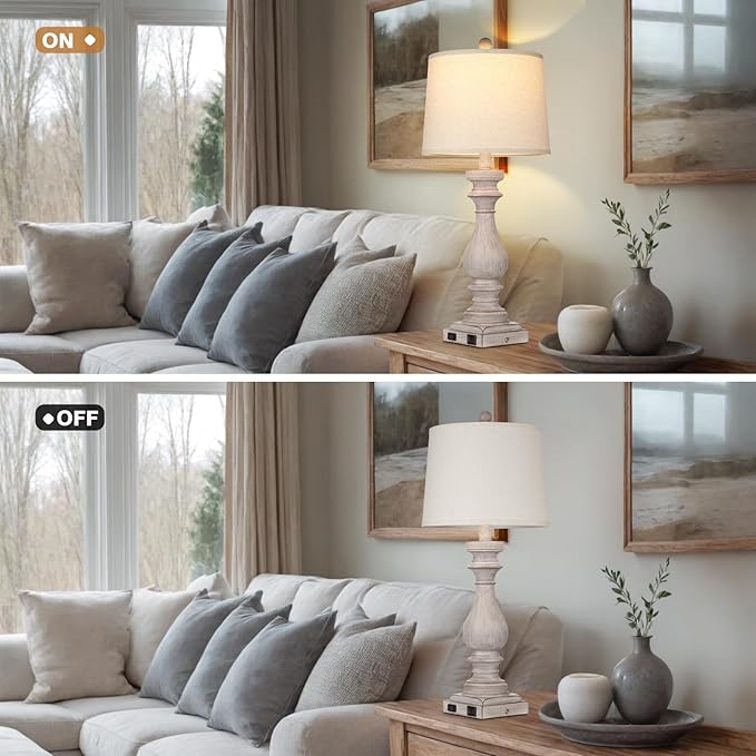 27.5" Farmhouse Table Lamp for Living Room,Vintage Bedside Lamp with USB C+A Ports & AC Outlet,3-Way Dimmable Touch Control Gray Washed Finish Nightstand for Bedroom, Single Gray
