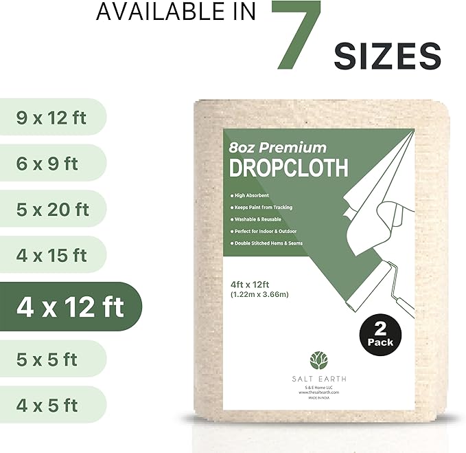 Canvas Drop Cloth Salt Earth Pack of 2 Reusable Cloth for Outdoor & Indoor,100% Recycled Cotton Nature Friendly, All purpose Washable Cotton Canvas Cover for Painter Floor & Furniture Protection(4x12)