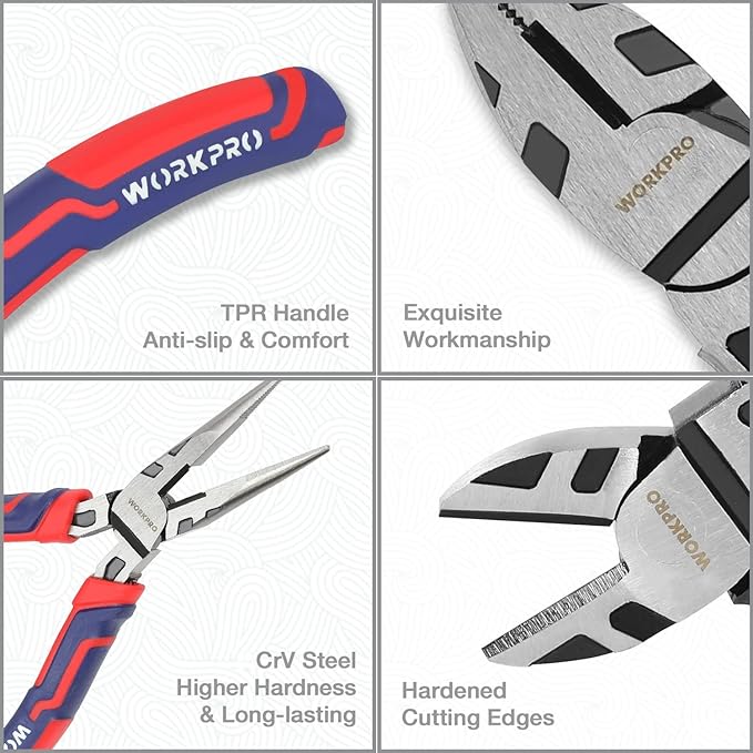 WORKPRO Pliers Set, Premium Cr-V Construction, Includes 6 Inch Slip Joint, Long Nose, Diagonal Cutting, 8 Inch Groove Joint, 7 Inch Linesman and Storage Pouch, for Basic Repair