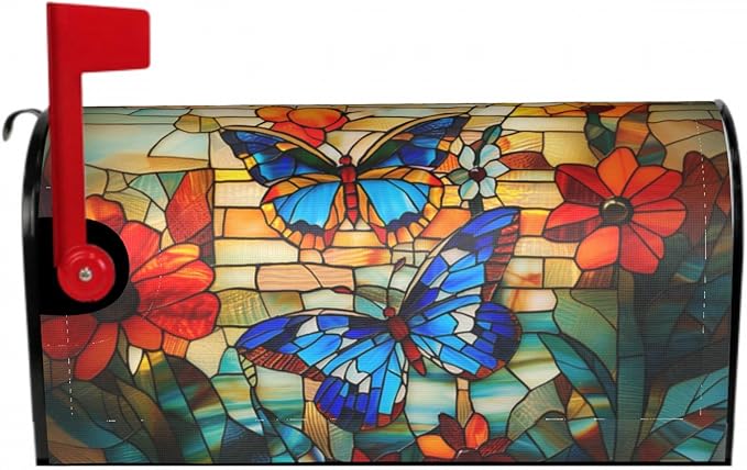 Giwawa Stained Glass Butterfly Mailbox Cover Fall Mailbox Covers Magnetic Autumn Mail Box Covers Standard Size 18 x 21 Thanksgiving Decorations Outdoor Welcome Mailbox Wrap