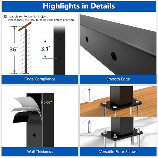 36" T304 Cable Railing Stair Post(Post 35"x2"x2"), 33° Drilled Railing Post with Cable Grommets Fit for 25-35° Stairway, Adjustable Top Mount Stainless Steel Black Finish Staircase Deck Post