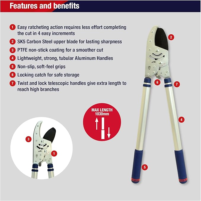 Spear & Jackson 8290RS Razorsharp Heavy Duty Telescopic Ratchet Anvil Loppers, Multicoloured