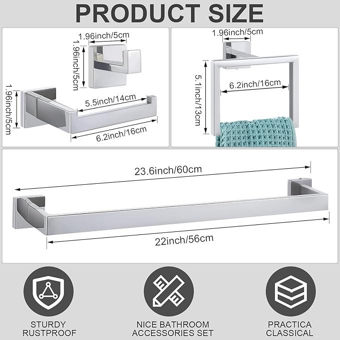 Gisafai 15 Pcs Bathroom Hardware Accessories Set 23.6 Inch Bath Towel Bar Kit Stainless Steel Bathroom Hardware Set Towel Racks Ring Hooks Paper Holder for Wall Mounted (Silver)