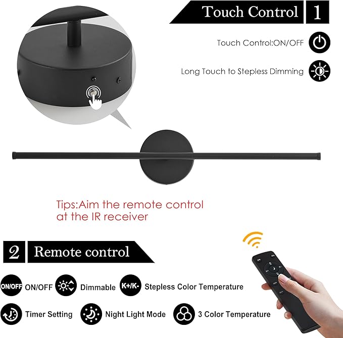 Removable Battery Operated Wall Sconces with Remote Control 350°Rotate LED Wireless Wall Lights with 3 Color Temperatures & Dimming for Bedroom, Hallway,24.4 Inch (2 Pack)