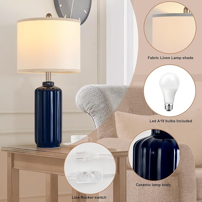 Lamp for Living Room Bedroom Lamps Farmhouse Table Lamps Set of 2 Vertical Stripe Ceramic Table Lamp,Linen Shade with Bulb, 25 in High,Navy Blue