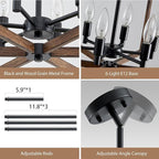 Modern Farmhouse Chandelier, 20'' Black and Wood Grain Dining Room Light Fixture, Geometric Pendant Light for Living Room Kitchen Bedroom Hallway, 6-Light Adjustable Hanging Chandelier Lamp