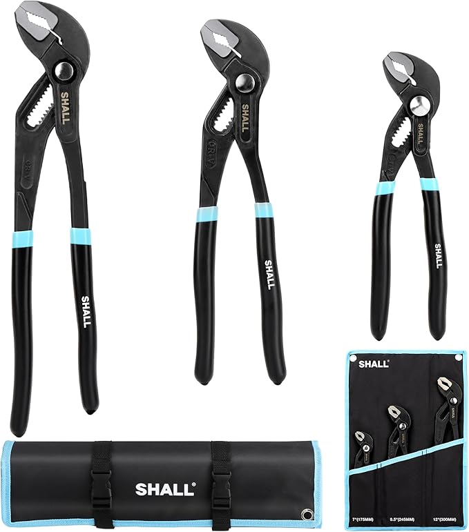 SHALL 3-Piece Groove Joint Pliers Set (12, 9-1/2, 7 Inch), Push-Lock Water Pump Pliers In Cr-v Steel, Fast Adjustable Tongue and Groove Pliers with Tool Roll Bag for Home Repair & Plumbing