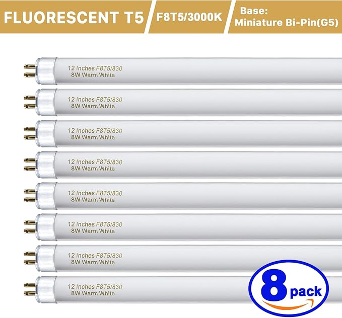 8 Pack F8T5/WW Fluorescent Bulbs Warm White, 12 inch Under Cabinet Light Bulb, T5 8 Watt Fluorescent Tube Soft White, G5 Mini Bi 460 Lumens No Dimmable