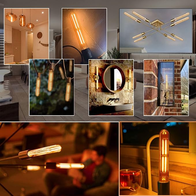 7.3 Inch 2200K Edison Bulbs Amber Dimmable,Vintage Style Decorative Antique Light Bulb,T10 Long Tubular LED Light Bulbs,6W E26 LED Bulb 80 Watt,UL Listed(4 Pack)