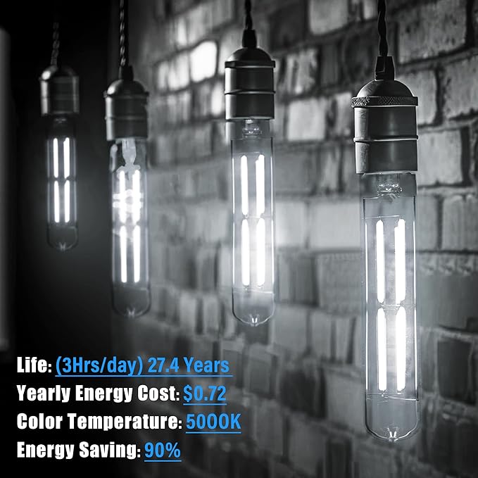 8.9IN LED Light Bulbs E26 Base, 6W 800LM 5000K Daylight White T10 T9 Vintage Edison Bulbs Dimmable, AC 120V Equal 80 Watt Clear Glass Long Tubular Filament Bulb, UL Listed - 2Pack