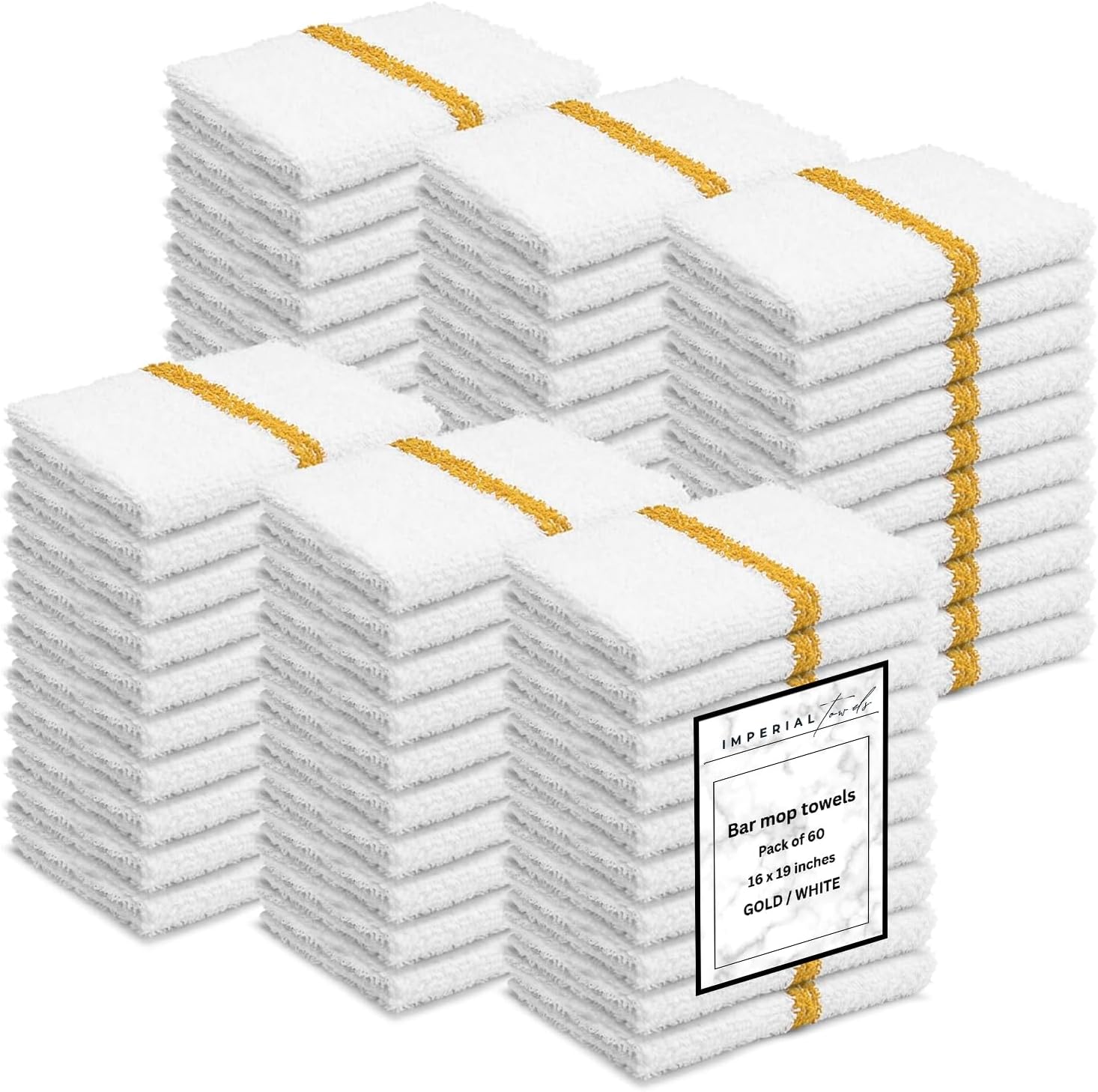 Bar Mops Gold Stripe Pack of 60 Kitchen Towels 16x19 Multi-Purpose for Home, Restaurant and Cleaning White Absorbent Washcloth Dishcloths Sets, Reusable Dish, Cloths Rags