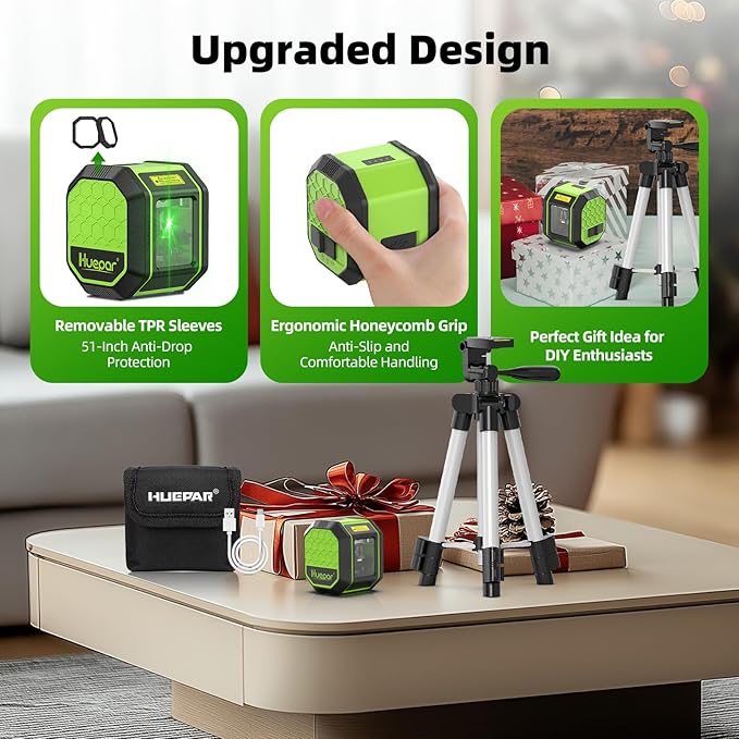 Laser Level with Tripod, HUEPAR 100Ft Self Leveling Laser Level Rechargeable Green Cross Line Laser Leveler Tool for Picture Hanging, Tile, Home Renovation, Carrying Bag Included (25.6 in Tripod)