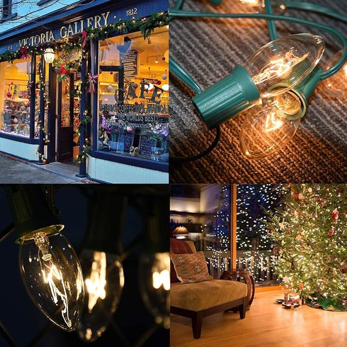 Abeja 25 Pack C9 Incandescent Replacement Bulb C9 Christmas Light Bulb for Holiday Party Christmas Decorative String Light E17 Intermediate Base 7w Clear Bulb