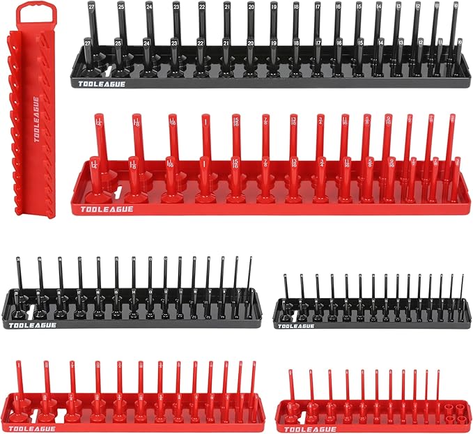 TOOLEAGUE 7Pcs Socket Organizer Tray and Magnetic Wrench Holder Set,Red SAE & Black Metric, 1/2", 1/4", 3/8" Socket Storage Trays for Tool Box Drawer