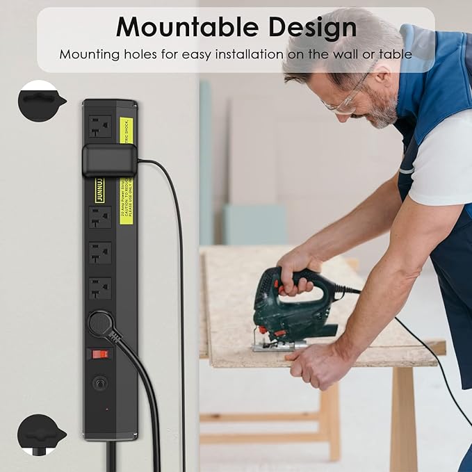 JUNNUJ Heavy Duty 20 Amp Power Strip 2 Pack, High Amp Surge Protector 6 Outlet, 20A Power Workshop Industrial Outlets Wide Spaced 6-20R T-Slot with Circuit Breaker,12 Gauge Extension Cord 6ft