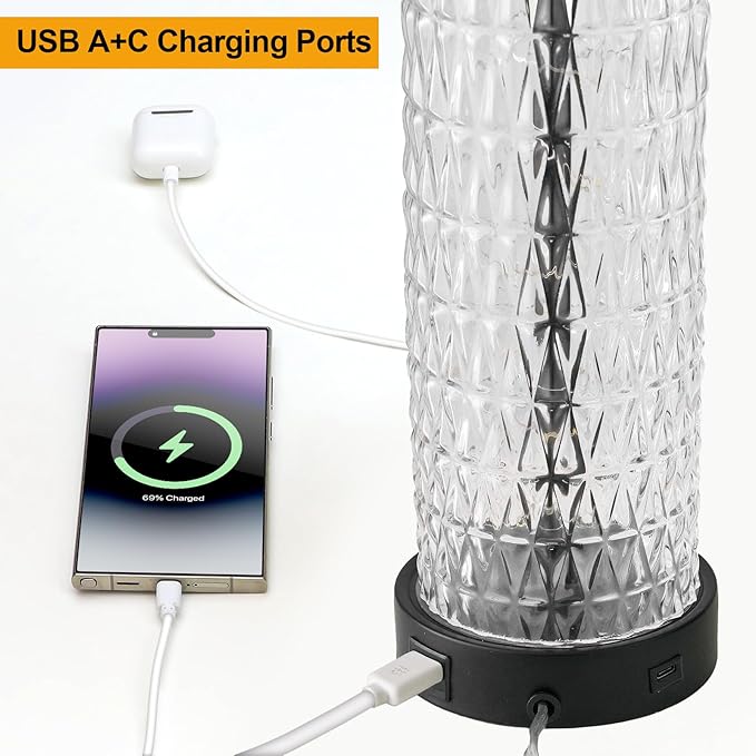 Oneach 27.75” Table Lamps Set of 2, Black Modern Bedside Lamp with LED Night Light, USB A+C, Glass Lamps for Living Room, Bedroom, Nightstand, Office, End Table (2 Bulbs Included)