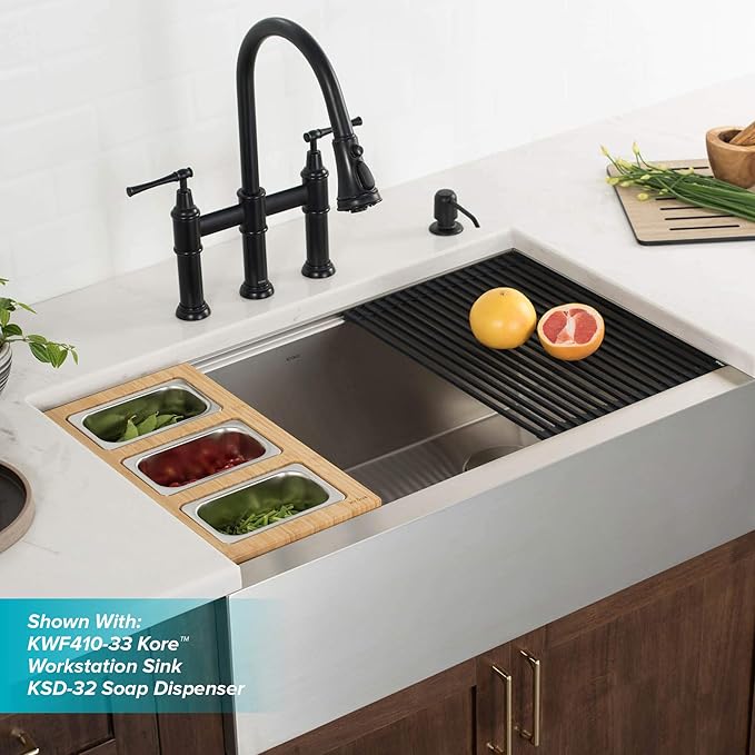 KRAUS Allyn Transitional Bridge Kitchen Faucet with Pull-Down Sprayhead in Matte Black, KPF-3121MB