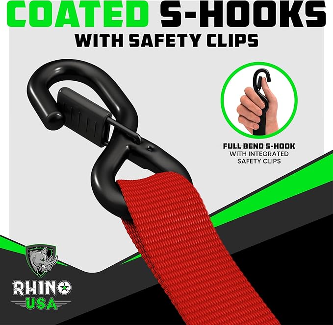 Rhino USA Ratchet Straps Heavy Duty Kit (4-Pack) - 1.6 Inch x 8 Feet (5,208lb Break Strength) - Ultimate Tie Down Straps with Safety S Hooks for Trucks, ATV, UTV, Motorcycle, Cargo & More - Red