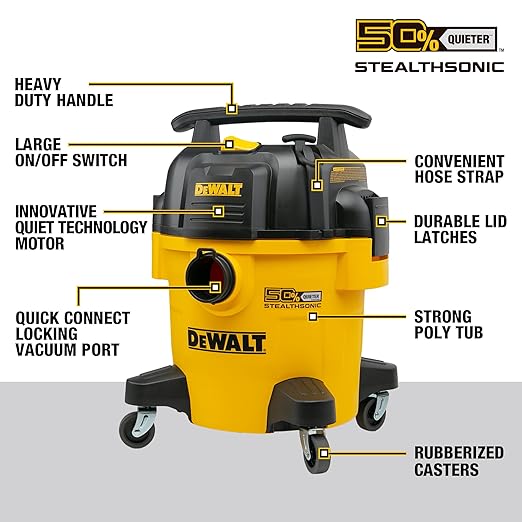 DEWALT Shop Vacuum 5-Gallon 4 HP STEALTHSONIC Wet/Dry Vacuum Cleaner DXV05P-QTB Ultra Quiet Poly Shop Vacuum with Powerful Suction for Garage, Jobsite, and Workshop