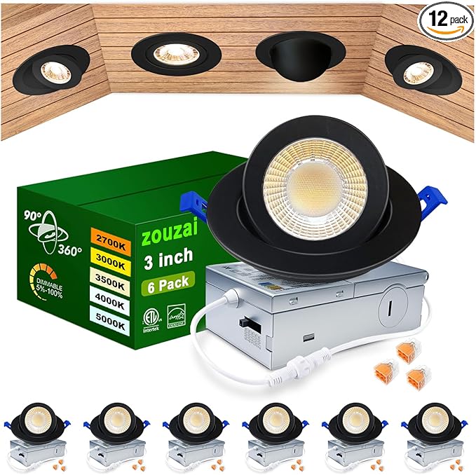 zouzai 3 Inch 5CCT Gimbal Black Led Recessed Lighting with Junction Box, 2700K/3000K/3500K/4000K/5000K, 7W Eqv 80W, 360°+90° Adjustable Led Recessed Lights, 798LM Brightness - ETL (Black, 6 Pack)