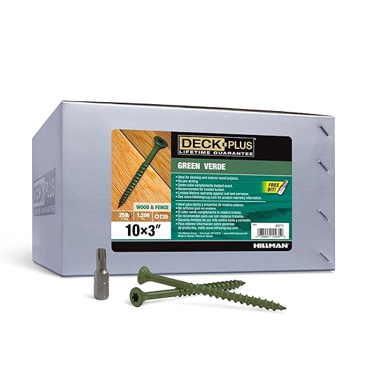 Deck Plus 3 Inch Epoxy Coated Exterior Wood and Fence Screws #10 x 3 Torx/Star Drive Included Coarse Thread, Outdoor Rust Resistant Decking Screw, Green, 25lb Box, 1500 Pieces | 48711
