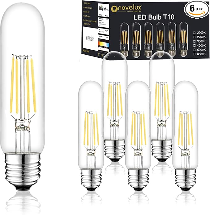 5 Inch Edison Bulb, 6000K Cool White E26 Led Bulb 6W Dimmable, 800LM T10 T9 Bulb Clear Glass Tubular Light Bulbs, AC 120V Equal 80 Watt Bulbs for Chandelier Pendant Wall Light - 6Pack