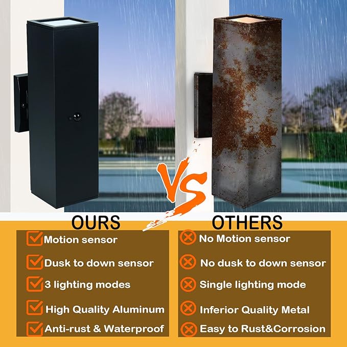 Motion Sensor Outdoor Wall Light with 3 Light Modes, Dusk to Dawn Modern Aluminum Sconce with E26 Bulbs, Waterproof Exterior Lighting for Porch, Garage, Patio, Entryway, ETL Listed