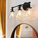 Phansthy 3-Light Wall Sconces Antique Brass Vanity Light, Industrial Wall Lamps with On Off Switch and Clear Glass Lampshade, Vintage Wall Lighting for Bathroom Living Room (Black, Cone Shade)