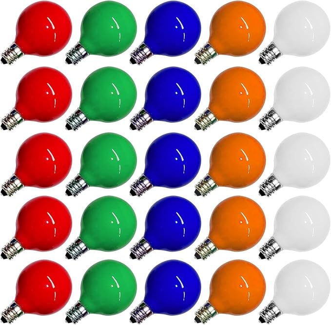 25 Pack G40 Replacement Bulbs, Multicolor Christmas Replacement Light Bulbs for Christmas String Lights, Indoor Outdoor Holiday Decor, E12 Candelabra Base, 5 W Incandescent Night Light Bulbs