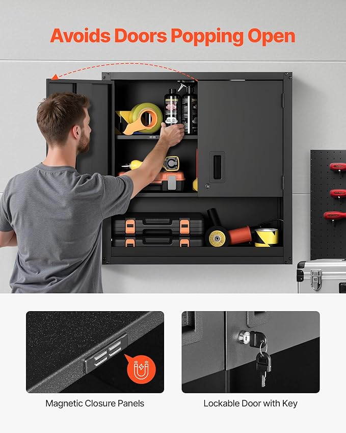 VEVOR Metal Wall Cabinet, 30W x 12.01D x 30H Inch, Steel Floating Hanging Storage Cabinet with Locking Doors and Adjustable Shelf for Garage, Basement, Kitchen, Warehouse Assembly Required, Black