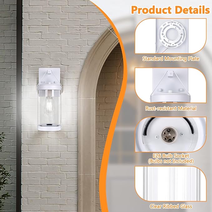 2-Pack Outdoor Light Fixtures Wall Mount, Waterproof Exterior Wall Lantern Front Porch Lights, Modern White Sconce Lighting with Clear Ribbed Glass, Outside Lights for House, Patio, Bulbs Not Included