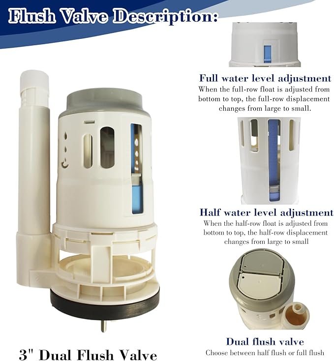 3 Inch Toilet Flush Valve for One-Piece Toilet, Dual Flush Valve Replacement Toilet Repair Kits Compatible with Glacier Bay/Fluidmaster