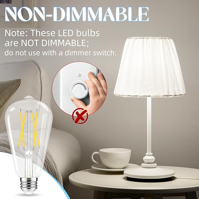 Edison Bulbs, E26 LED Bulb 60 watt Equivalent, Non-Dimmable, 4000K Daylight White, ST58 Vintage Light Bulbs, 90+ CRI, 6W 600LM, E26 Medium Base, Clear Glass, 6 Pack