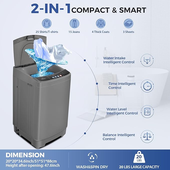 Nictemaw Portable Washing Machine 20Lbs Portable Washer Machine with Drain Pump, 2.8 Cu.ft Compact Washing Machine with 10 Programs 8 Water Levels Laundry Machine for Apartment, Home, Dorms, Rv