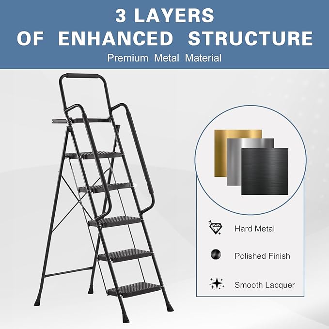 Nazhura Foldable 5 Step Stool Ladder,300 Lb Weight Limit Folding 5 Stepping Ladder for Kitchen, with Wide Anti-Slip Pedal, Sturdy Steel Ladder, Convenient Handrail, Lightweight (5 Step)