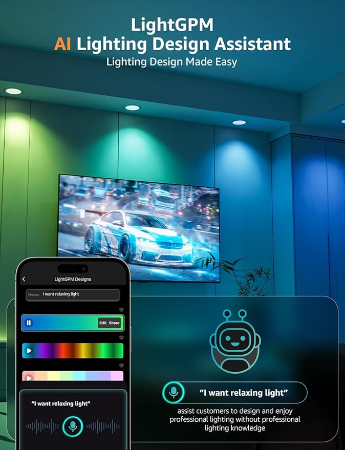 Lepro R2 AI 6 inch LED Recessed Light - Personalized AI Lighting Designer, Dimmable Wafer Lights RGBCW Sync with Music, Smart Canless Downlights Work Alexa & Google Assistant, 12W 1050 Lumen, 2-Pack