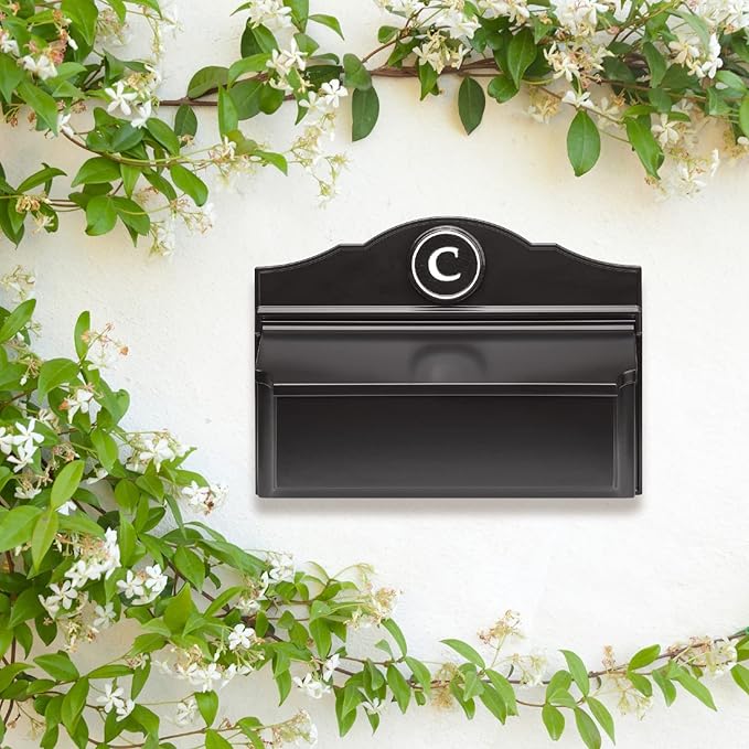 Whitehall Custom Wall Mount Mailbox Package - Mail Box with Monogram, Sand Cast Aluminum, Classic Design Black Personalized in White