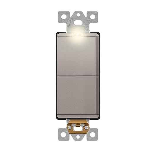 LIDER Minimalist Design Matte Finish Lighted Double Switch, Combination Frameless Decorator Switch with Locator Light, Ground Terminal, Single Pole, 15A 120-277V, UL Listed, LCS2-1P-NK, Nickel