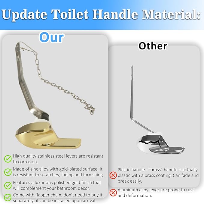 Toilet Handle Replacement Kit, Universal Side Mount Toilet Tank Flush Lever with Stainless Steel Flapper Chains Compatible with Kohler K-87115 Trip Lever, Polished/Shiny Gold