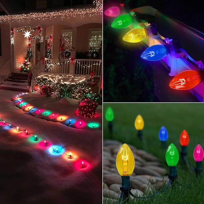25 Pack C7 Christmas Replacement Light Bulbs, C7 Clear Multi-Color Christmas Lights for Christmas Outdoor Patio Indoor String Lights, C7/E12 Candelabra Base, 5 Watt