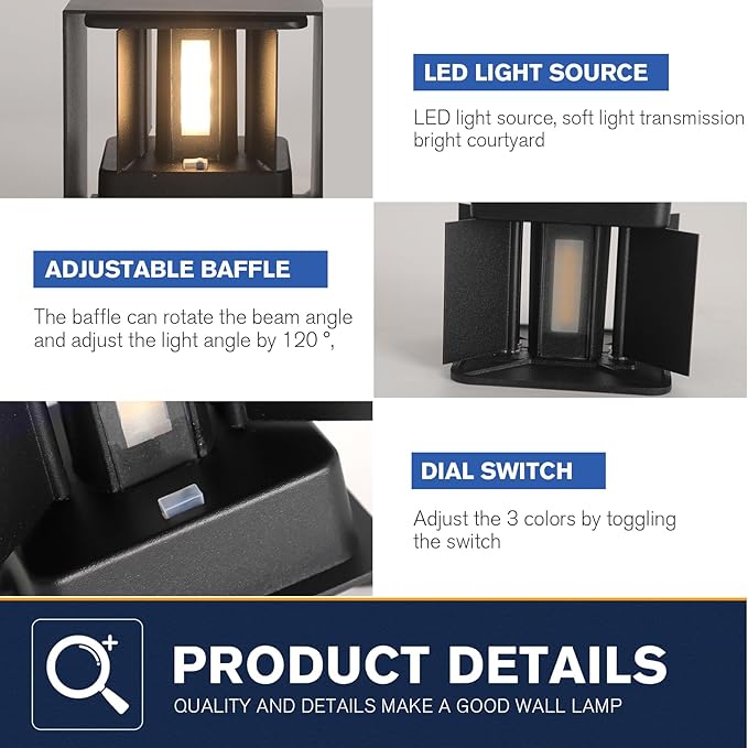 4 Pack LED Outdoor Wall Lights Exterior/Interior 3 Colors Adjustable 15W Wall Light Fixture IP65 Waterproof Porch Exterior Wall Sconce Modern Outdoor Lighting Square Aluminum Black Up and Down Lights