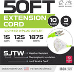 Iron Forge Cable 10 Gauge 50ft Lighted Outdoor Heavy Duty Extension Cord with 3 Outlets - 15 Amp 10/3 SJTW Green Extension Cord with Multiple Outlets