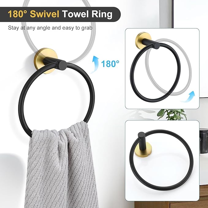 TQKAG Black and Gold Bathroom Hardware Set 6-Piece Bathroom Accessory Set 23.6 Inch Round Stainless Steel Towel Bar Set Wall Mounted