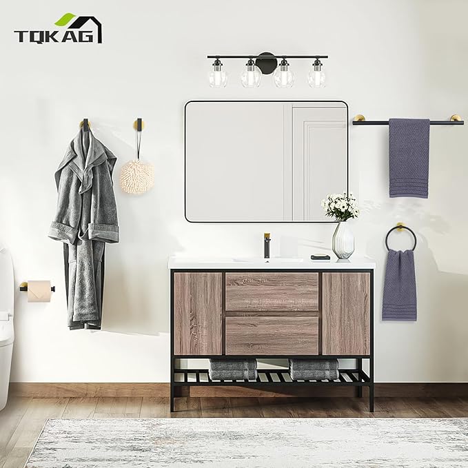 TQKAG Black and Gold Bathroom Hardware Accessories Set 10-Pieces, Premium SUS304 Stainless Steel Bathroom Towel Bar Holder Set 23.6 Inch Round Towel Racks for Bathroom Wall Mounted