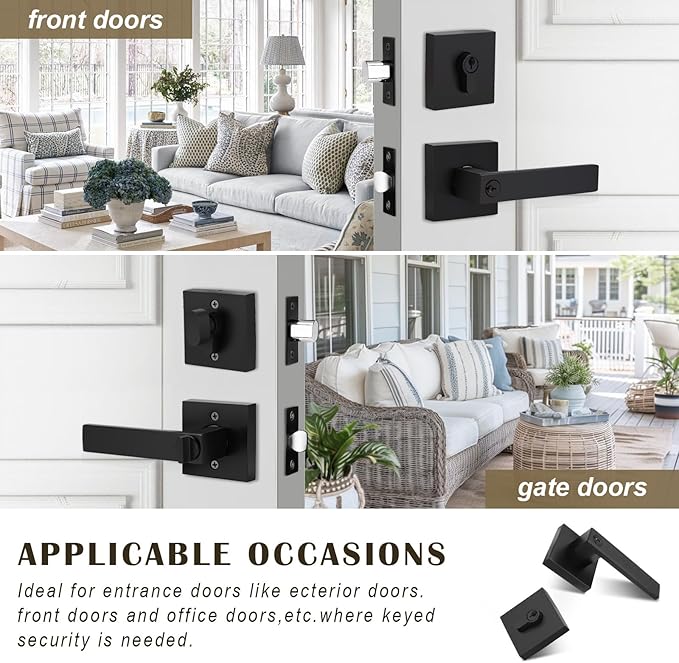 1 Pack Keyed Entry Door Lever and Single Cylinder Deadbolt Set, Keyed Alike Reversible Lockset, Matte Black Square Interior/Exterior Handleset for Bedroom, Front Door