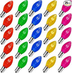 25 Pack C7 Clear Multicolor Incandescent Replacement Bulbs, 5W Warm White 2200K, E12 Base, Waterproof C7 Night Light Bulbs for Vintage Christmas String Lights Outdoor Indoor Home Party Decorations
