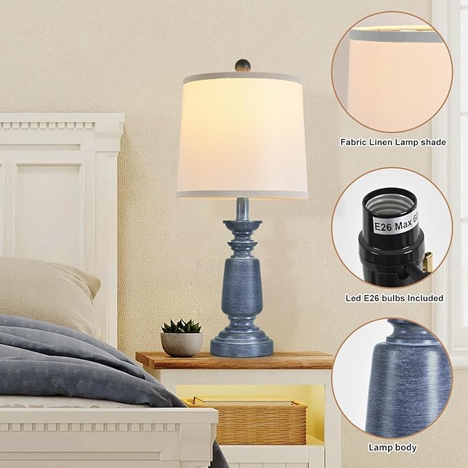 Terpsichore Lamps Set of 2 Modern Farmhouse Table Lamp Bedside Reading Lights Living Room End Lamps Bedroom Night Light,High 22.5 Inch,Navy Blue,with Fabric Lamp Shade,Bulb Not Included