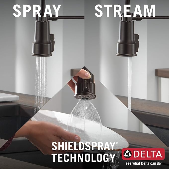 Delta Theodora Pro Style Commercial Kitchen Faucet with Pull Down Sprayer, Oil Rubbed Bronze Single Hole Kitchen Sink Faucet, Single Handle, Venetian Bronze 18804Z-RB-DST