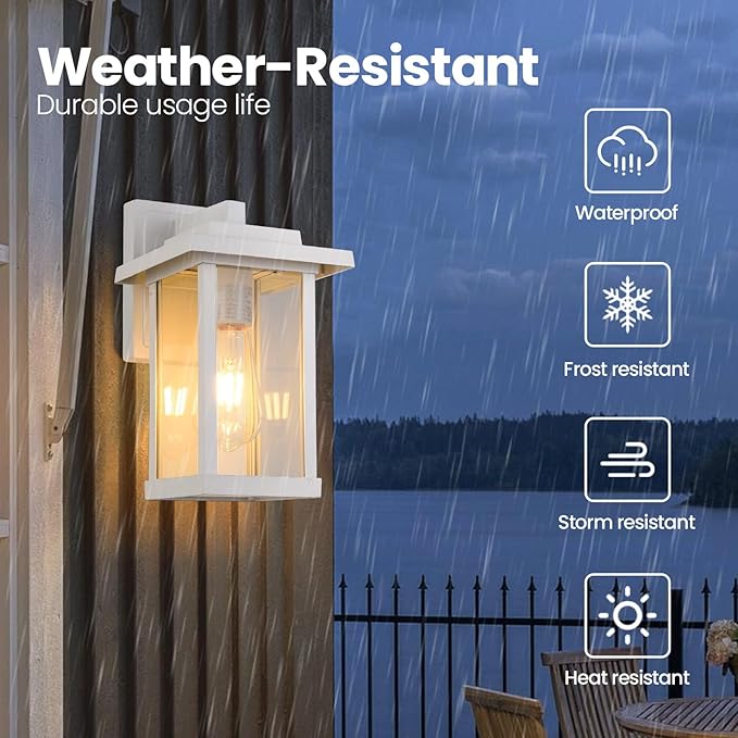 Outdoor Wall Sconce, Outside Porch Light Fixtures, Anti-Rust Exterior Wall Lights in Matte White Finish with Clear Glass for Garage Doorway Entryway, 2 Pack