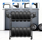 Tire Rack, 59 x 57 x 20 Inches Garage Tire Storage Stand with Storage Tray 218KG/480LBS Capacity, 2 Storage Shelf & 4 Swivel Casters Rolling Tire Storage Rack, Black